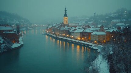 Naklejka premium A snowy cityscape with a river flowing through it at dusk. The city is lit up with streetlights and the church steeple stands out against the cloudy sky.