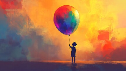 Child Holding Colorful Balloon Sunset Scene