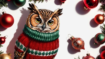 Festive owl in a cozy sweater surrounded by holiday decorations.