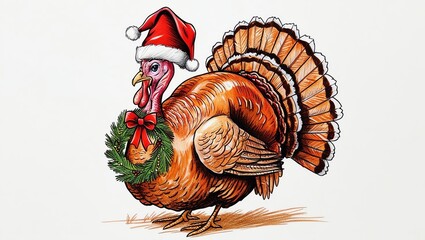 Festive turkey wearing a Santa hat and holiday wreath.