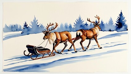 Reindeer pulling a sled through a snowy landscape.