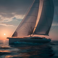 digital illustration of a sailboat sailing on the ocean at sunset, The boat is in the center of the image