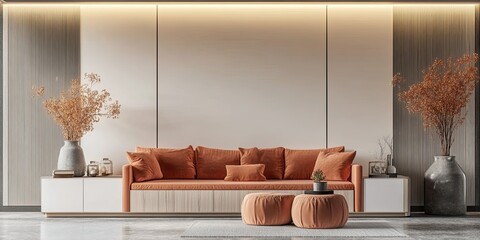modern design interior japanese living room, luxury peach sofa and buffet sideboard with wooden white camel wall background and soft led light 