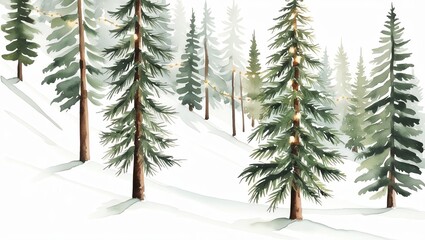 Obraz premium Snowy landscape with tall pine trees in a serene winter setting.