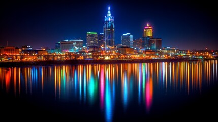 Obraz premium A vibrant cityscape skyline at night with colorful reflections in the water.