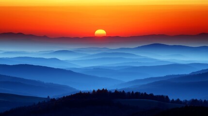 Fototapeta premium A vibrant sunset casts a warm glow over a vast expanse of rolling hills, creating a breathtaking and serene landscape.