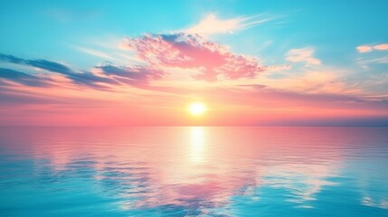 Fototapeta premium A vibrant sunset casts a warm glow on a calm sea.