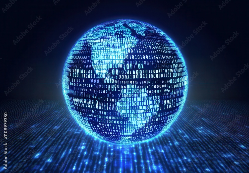 Poster futuristic digital globe displaying binary code representing global technology and connectivity with