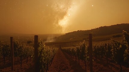 Obraz premium A vineyard under a starry night sky with the Milky Way visible in the distance.