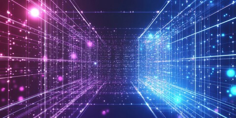 Obraz premium Futuristic Digital Data Tunnel with Glowing Particles and Abstract Lines Representing Technology, Innovation, and Virtual Reality Concepts in a Sci-Fi Environment