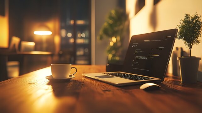 Laptop with code on screen, coffee cup, and mouse on wooden desk at night.