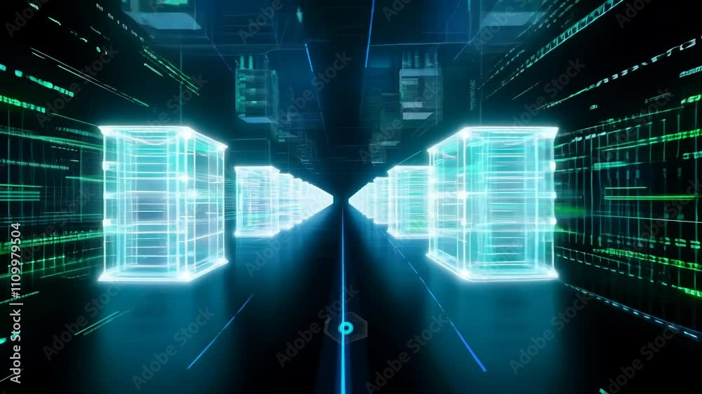 Poster virtual data center corridor with cloud servers providing compute power
