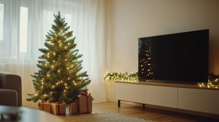 Christmas Tree with Presents in a Living Room with a Flat Screen TV