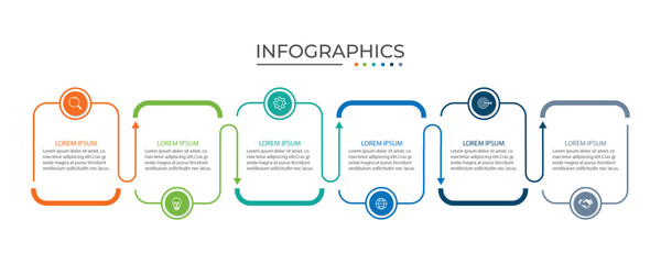Process business infographic thin line with square template design with icons and 6 options or steps.