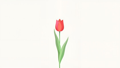 Obraz premium Single red tulip with green leaves on a minimalist background, simple and elegant, copy space