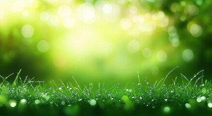 Obraz premium A serene image of lush green grass glistening in the morning dew, perfect for St. Patrick's Day, nature-themed designs, and tranquil atmospheres.