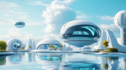 Obraz premium sea and waves biodiversity concept. futuristic floating city with sleek architecture and serene water views