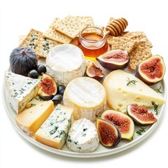 A platter of assorted artisan cheeses with figs and honey, isolated white background, pop art style