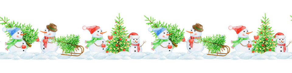 Cute funny snowmen with Christmas trees in snowdrifts seamless border decor element on white background. Hand drawn festive watercolor illustration. Perfect for winter season mood design