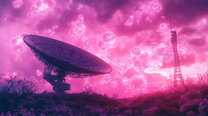 Quantum Radar Dish in Pink Nebula: Sci-Fi Satellite, Futuristic Technology, Cosmic Background