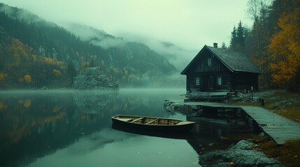 Fototapeta premium A wooden cabin sits on the shore of a misty lake, with a small wooden boat floating in the water.