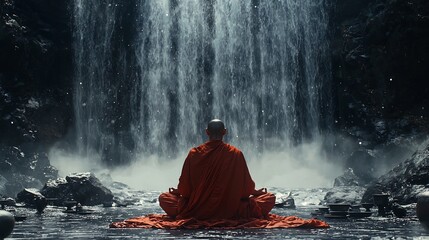 Obraz premium Meditating Monk Under Powerful Cascading Waterfall Symbolizing Inner Peace Amidst Nature s Chaos