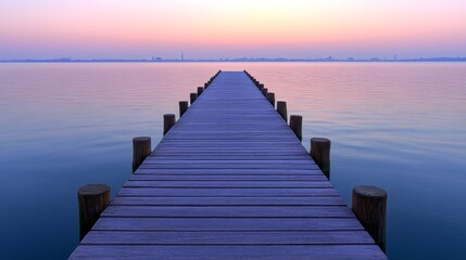 Fototapeta premium A wooden pier extends into a still lake at dawn, with a distant city skyline on the horizon.