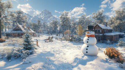 Fototapeta premium Winter Wonderland: A Snowman's Snowy Mountain Village
