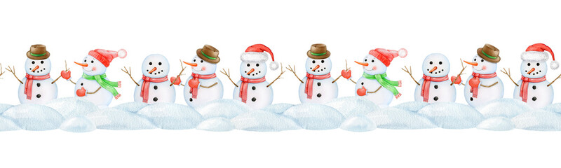 Cute funny snowmen in snowdrifts seamless border decor element on white background. Hand drawn watercolor illustration. Traditional winter outdoor decoration. Perfect for winter season mood design