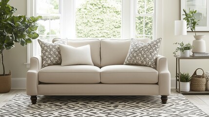 Simple living room with a beige loveseat, a geometric patterned rug, and clean white walls.