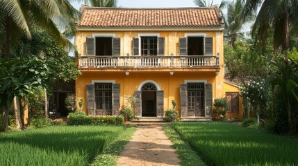 Obraz premium A yellow colonial style house with a tiled roof, shutters, and a balcony, surrounded by lush greenery and a pathway.