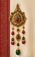 Fototapeta premium A regal illustration of traditional South Indian temple earrings, adorned with glowing ruby and emerald stones, intricate carvings of deities, and golden embellishments, displayed on a silk cloth with