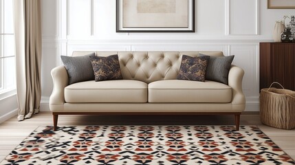 Simple living room with a beige loveseat, a geometric patterned rug, and clean white walls.