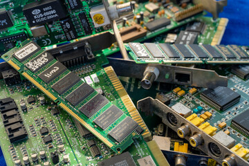 Computer circuit boards close up of Video Cards RAM SCSI Cards Lan Cards 4