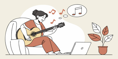 Woman plays guitar sitting in front of laptop and gets musical skills from watching video lesson on internet. Girl enjoys musical hobby and performance of popular compositions on guitar
