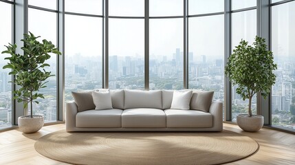 Elegant design featuring a light-gray sofa, a circular rug, and a large floor-to-ceiling window.