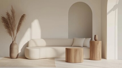 Neutral minimalist space with a curved sectional, wooden accents, and white walls.
