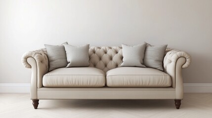 Modern interior design featuring a beige sofa, light wooden flooring, and soft decorative accents.