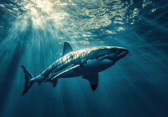 Naklejka premium Majestic Great White Shark Gliding Gracefully Through Crystal Clear Ocean Waters Under Sunlit Surface in a Pristine Marine Environment