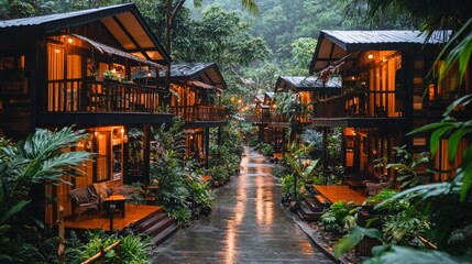 Fototapeta premium Cozy wooden cabins nestled in a lush jungle setting with a wet pathway in the foreground.