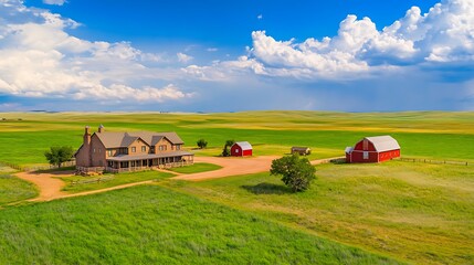 A sprawling ranch house with a red barn nearby, surrounded by endless fields of green and a bright blue sky.