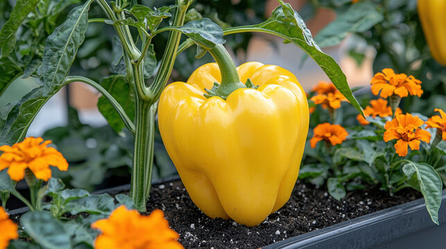 Balcony vegetable garden. A vibrant yellow bell pepper grows among lush green leaves and bright orange flowers, showcasing a thriving garden setting.