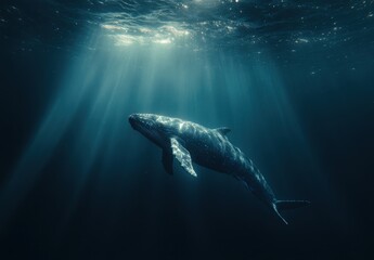 Fototapeta premium Majestic Humpback Whale Swimming Gracefully in Deep Ocean Waters Illuminated by Sunlight Rays Streaming from the Surface Above