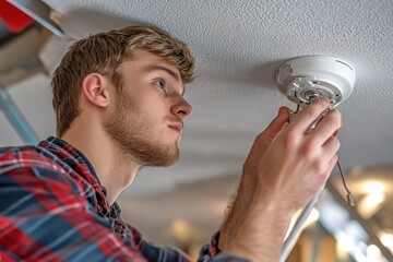 Young man installing ceiling light fixture. Shows home improvement, DIY, and electrical work.