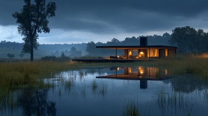 Fototapeta premium Modern house with a pond and trees at dusk.