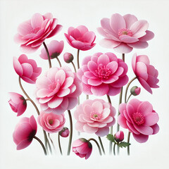 A collection of pink flowers isolated on a white background.