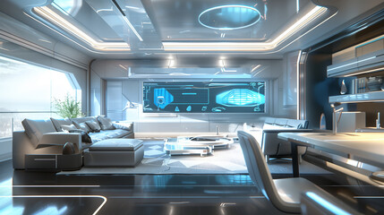 Obraz premium Futuristic living room interior design with sleek furniture, metallic accents, and a holographic display for home automation features.
