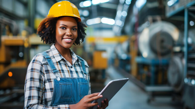 Afro american woman smile on construction site. Engineer in uniform and glasses holds tablet background of workflow. Diversity of proffesions.