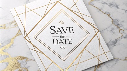 Elegant Save the Date card with gold accents on a marble background.