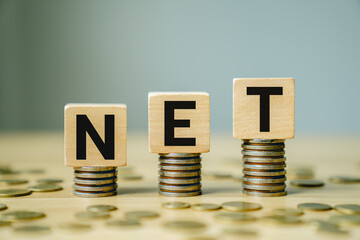 Net Profit Concept with Wooden Blocks Placed on Stacks of Coins Representing Business Income, Financial Success, and Profitability in Accounting and Economics